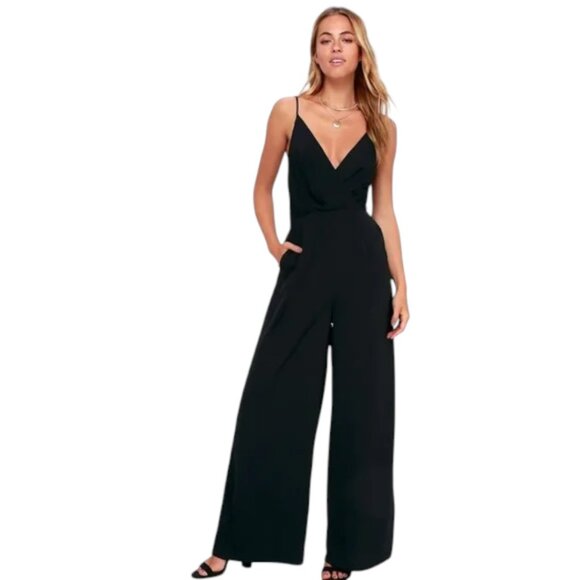 Lulus Black Surplice Bodice Wide Leg Jumpsuit - Picture 1 of 13